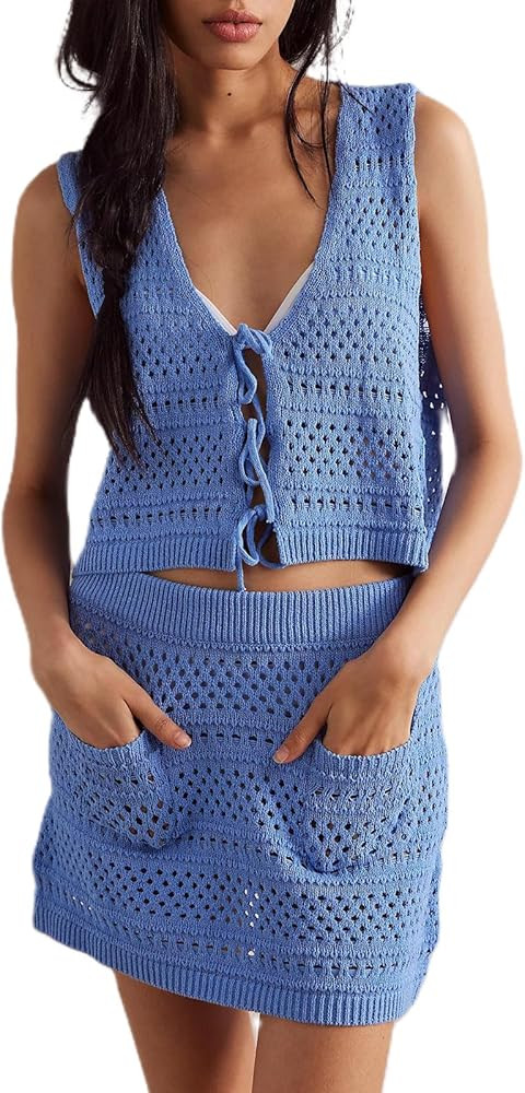 Yuemengxuan Crochet Skirt Sets Women 2 Piece Outfits Y2k Knit Tie Front Vest Top High Waist Bodyc... | Amazon (US)