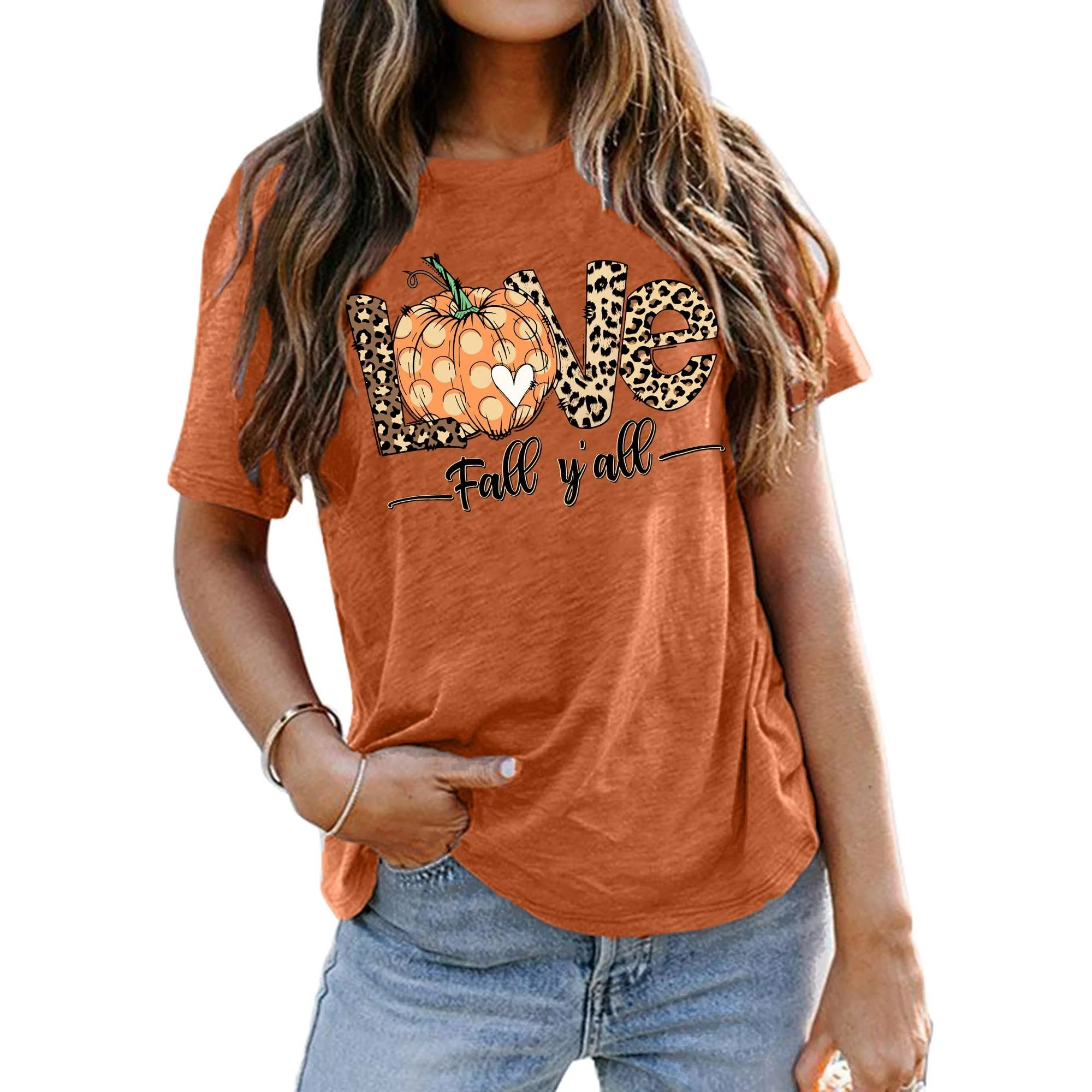 Love Fall Y'all Shirt Women Halloween Pumpkin Shirts Funny Pumpkin Graphic Tee Casual Fall Tee To... | Walmart (US)