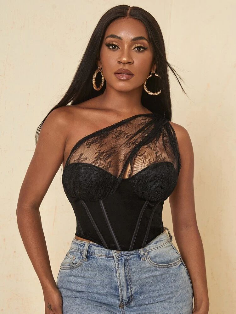 One Shoulder Lace Insert Ruched Bustier Top | SHEIN