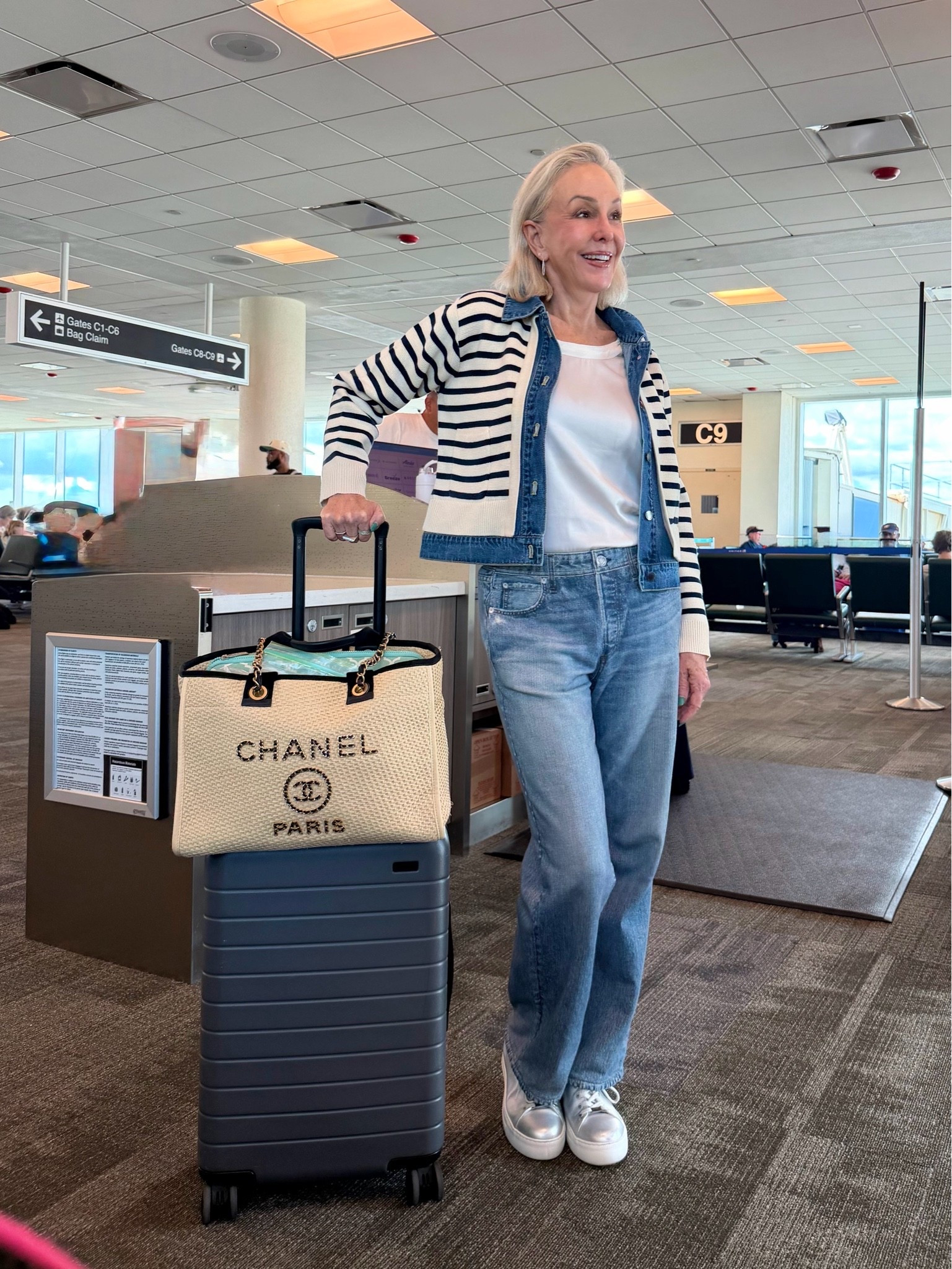 The perfect cardigan for looking cute and comfortable while traveling as well as during your every day life. 
My viral sweatpant jeans by Rag and Bone are worth the dollars. I did link a pair similar and more budget friendly. 
Sneakers are my go to. Leather and comfortable. My Away Travel roll on bag is still my favorite after years of trying other brands

#LTKootd #LTKTravel #LTKOver40