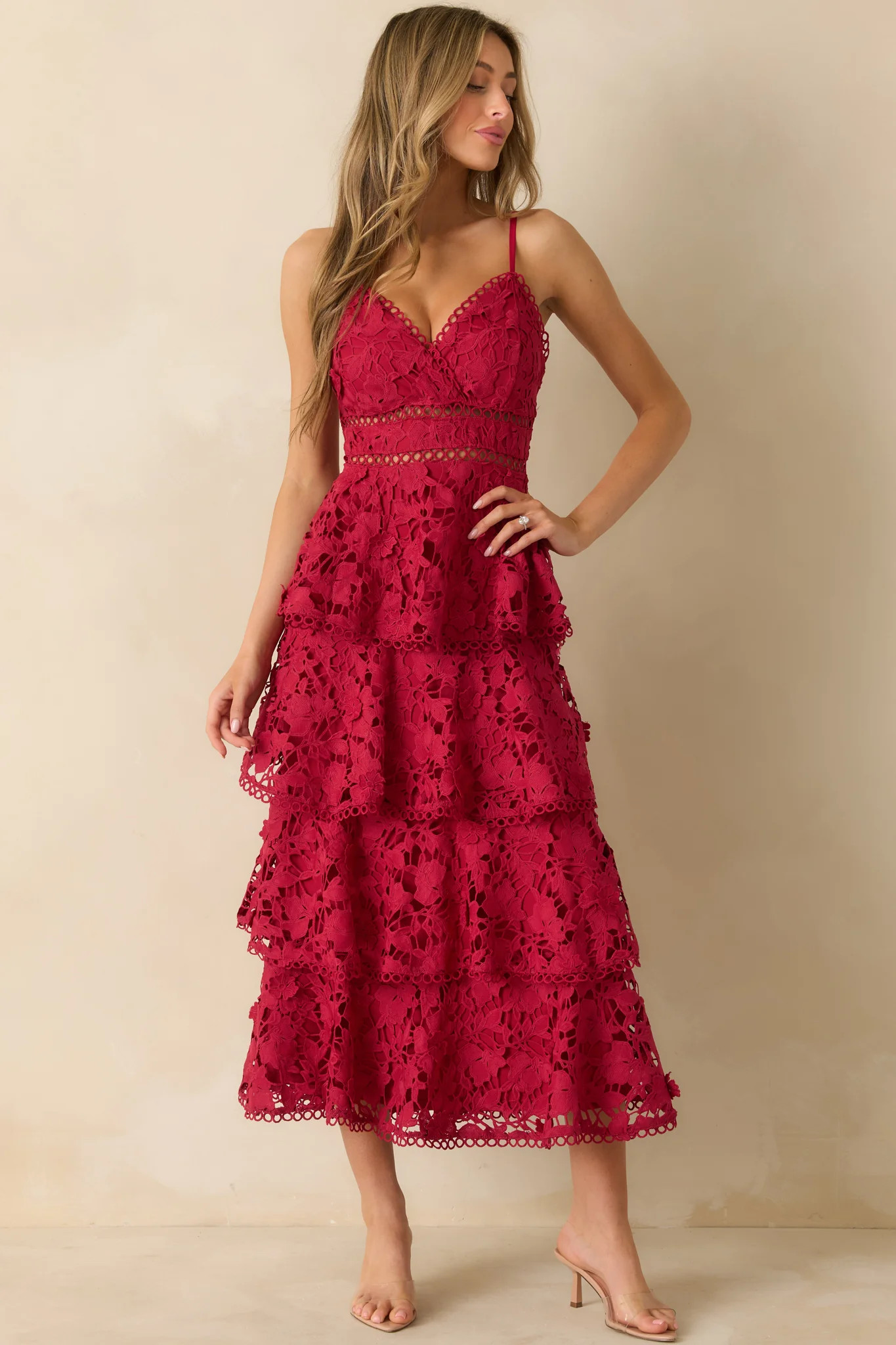 Got My Attention Red Floral Guipure Lace Tiered Maxi Dress | Red Dress