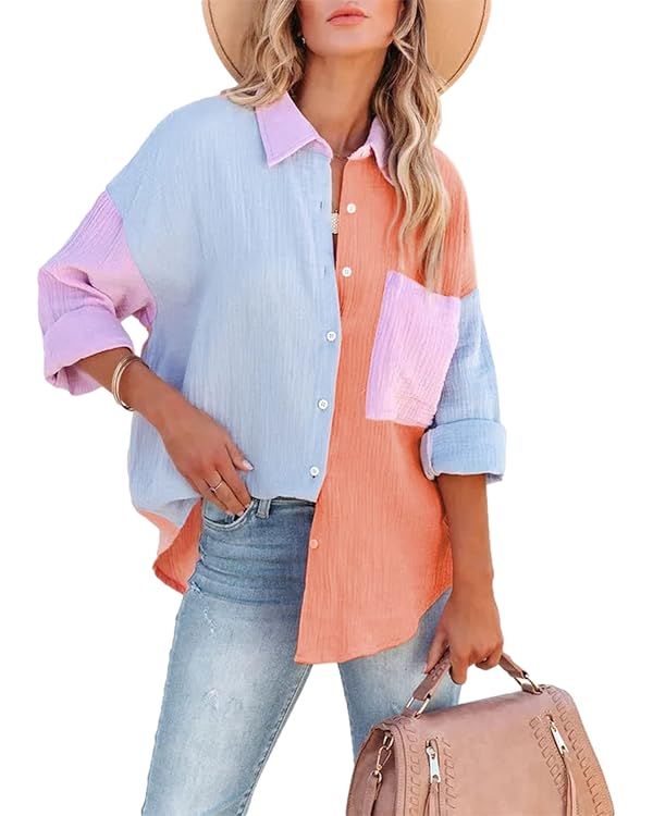 Womens Button Down Shirts Long Sleeve Color Block Tops Oversized Boyfriend Blouse Streetwear Fash... | Amazon (US)