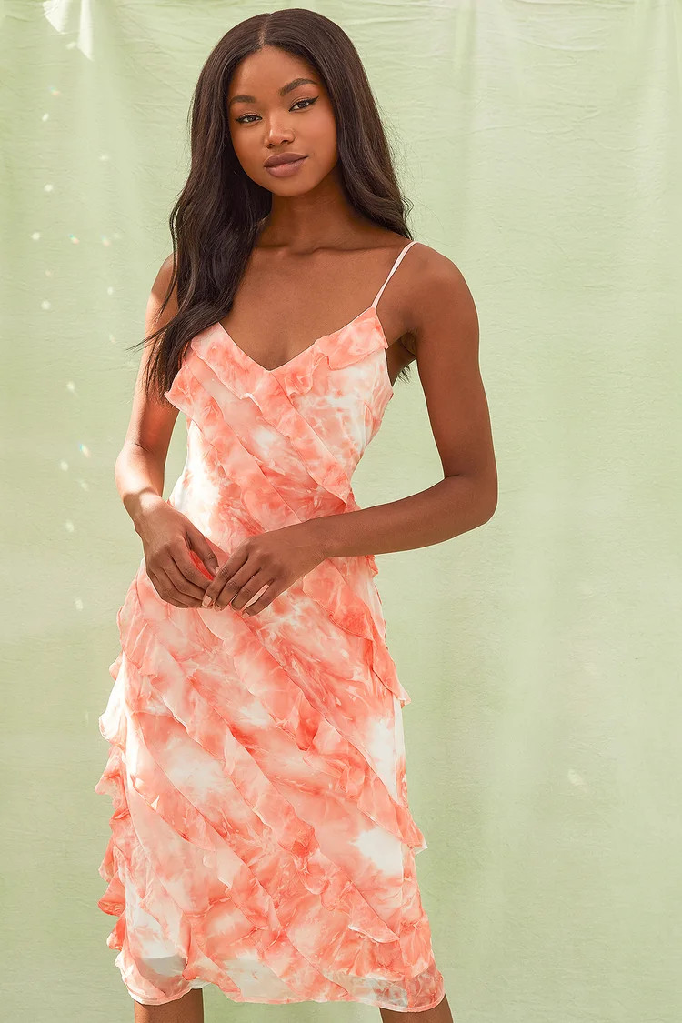 Summer at the Seaside Coral Pink Tie-Dye Ruffled Midi Dress | Lulus (US)