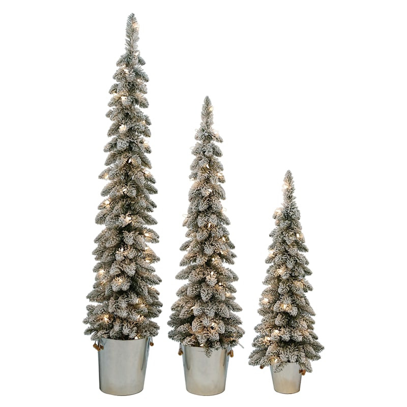 (A22) Set of 3 Pre-Lit Flocked Potted Christmas Tree, 3'/4'/5' | At Home