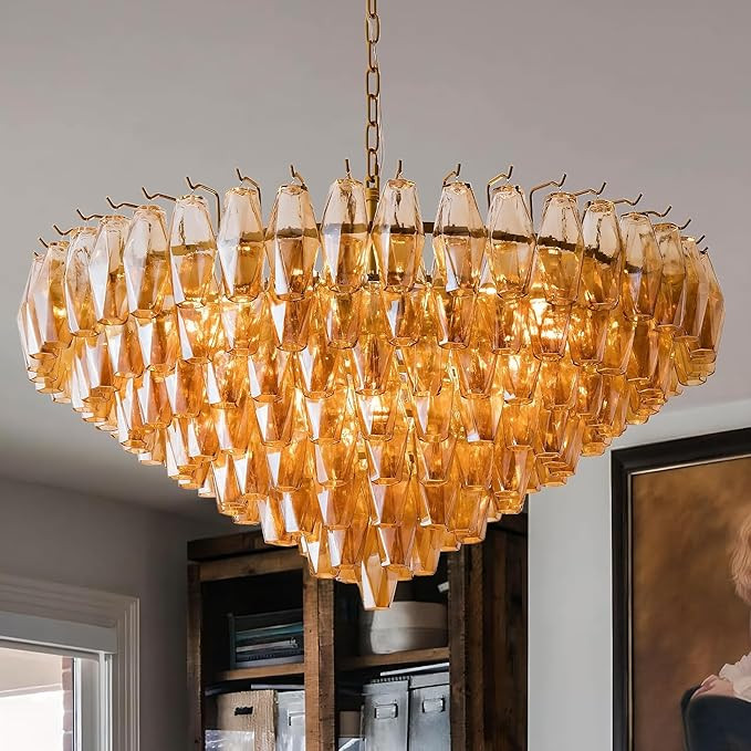37" Extra Large Chandelier, 14-Light Gold Modern Round Chandelier for Living Room, Tiered Smoke B... | Amazon (US)