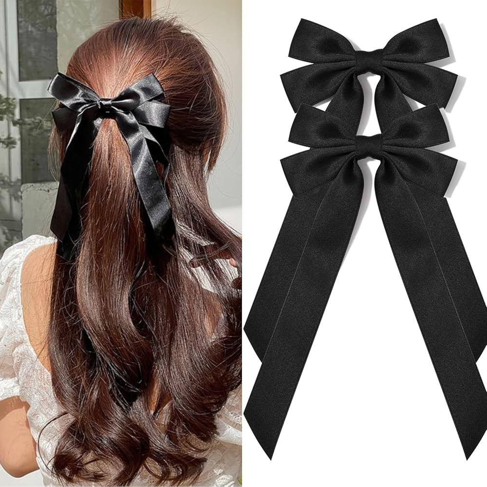 2PCS Silky Satin Hair Bows Black Hair Ribbon Clips for women Ponytail Holder Hair Accessories All... | Amazon (US)