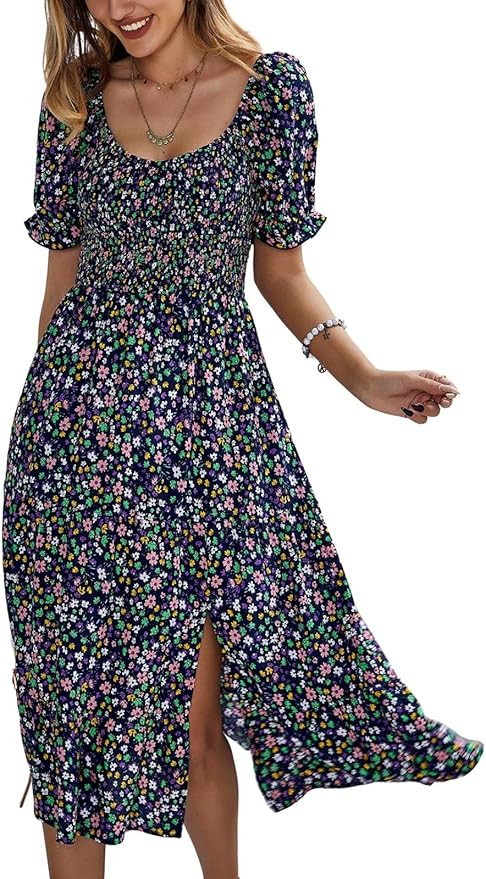 Raikamitu Women's Summer Smocked Midi Dress Ditsy Floral Print Casual a Line Square Neck Short Pu... | Amazon (US)