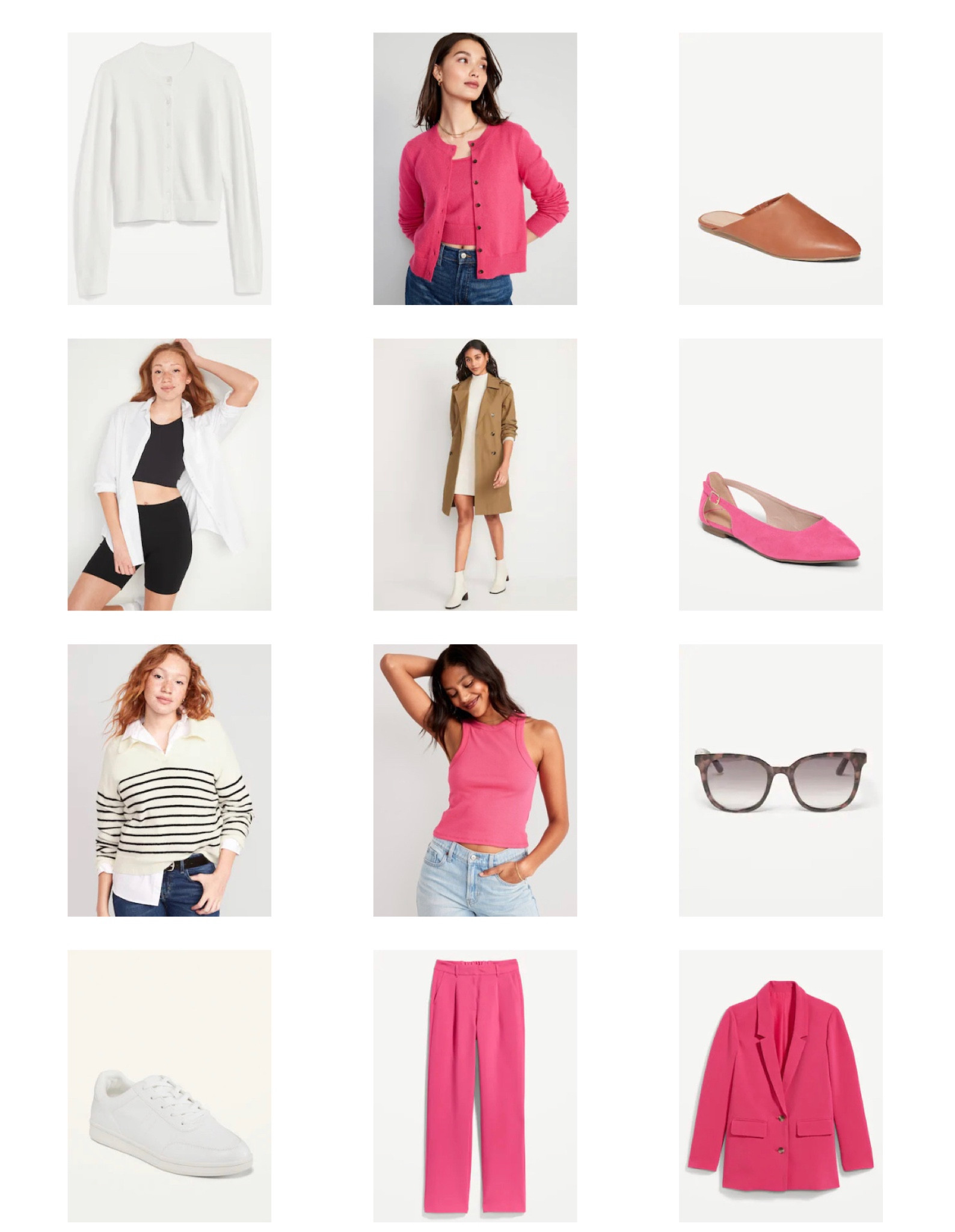 Affordable Capsule wardrobe idea with colorful pieces. Pink suit, pink flats, white sneakers brown mule shoes, striped half zip sweater, oversized white button up shirt, pink tank top  

#LTKunder100 #LTKstyletip #LTKFind
