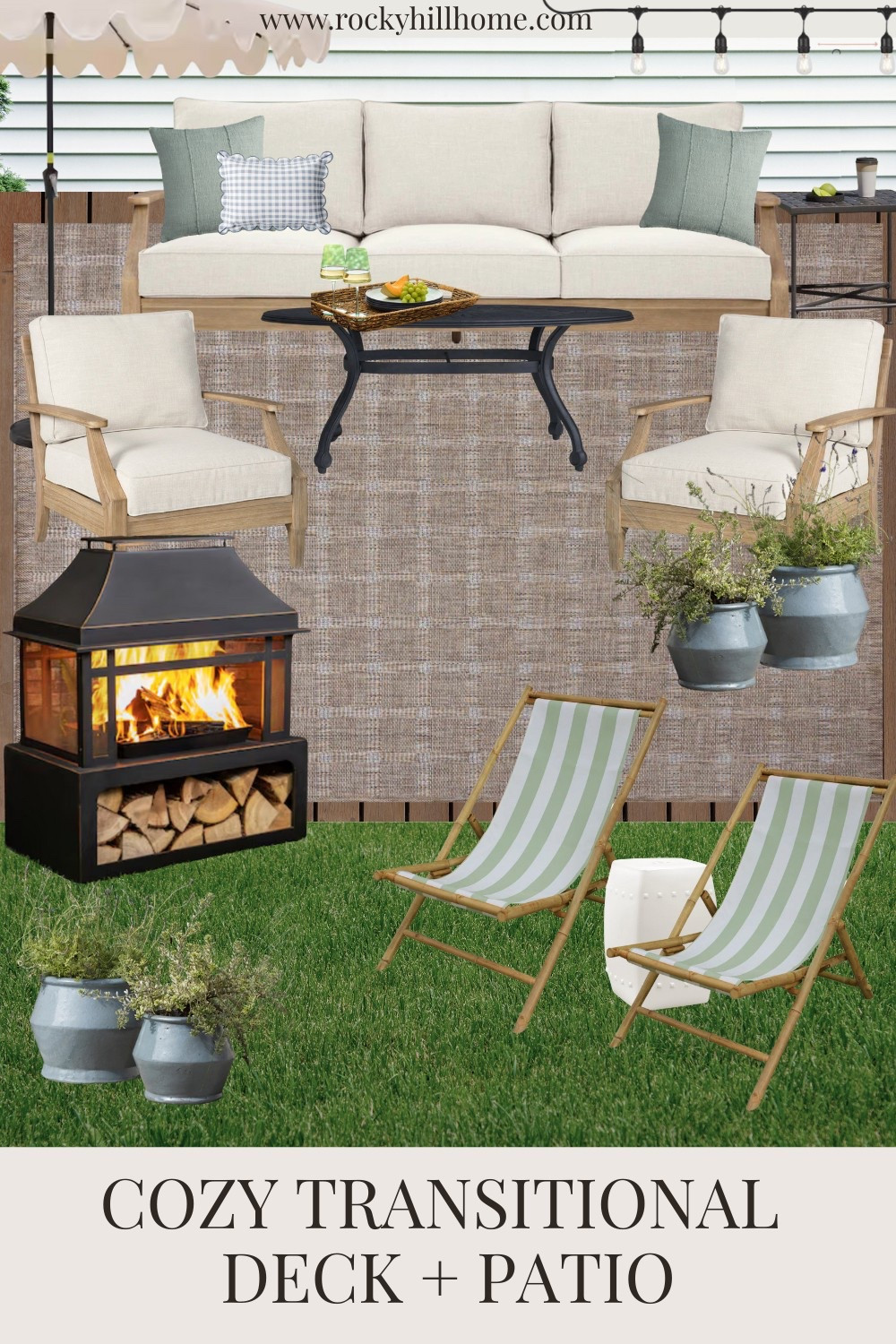 Charming transitional patio mood board featuring outdoor furniture, decor, and an outdoor fireplace for summer lounging. 

Amber lewis x loloi outdoor rug. Sling lounge chairs, mcgee and co planters, scalloped umbrella, outdoor patio sofa and lounge chairs 

#LTKHome #LTKSeasonal #LTKFindsUnder100