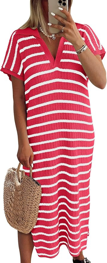 ANRABESS Women's Summer Striped Midi Dress 2025 Casual Short Sleeve V Neck Loose Knitted Side Sli... | Amazon (US)