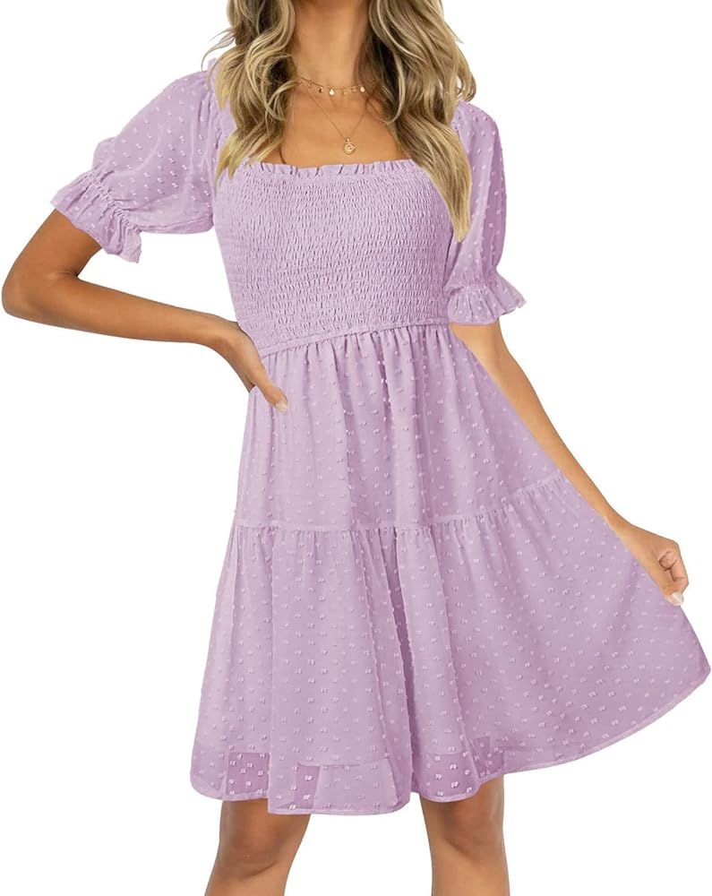 TECREW Womens Square Neck Puff Sleeve Mini Dress Summer Chiffon Swiss Dot Flowy Smocked Dress | Amazon (US)