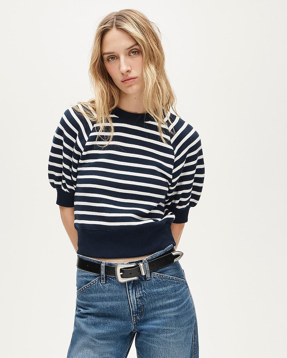 Heritage terry puff-sleeve sweatshirt in stripe | J. Crew US
