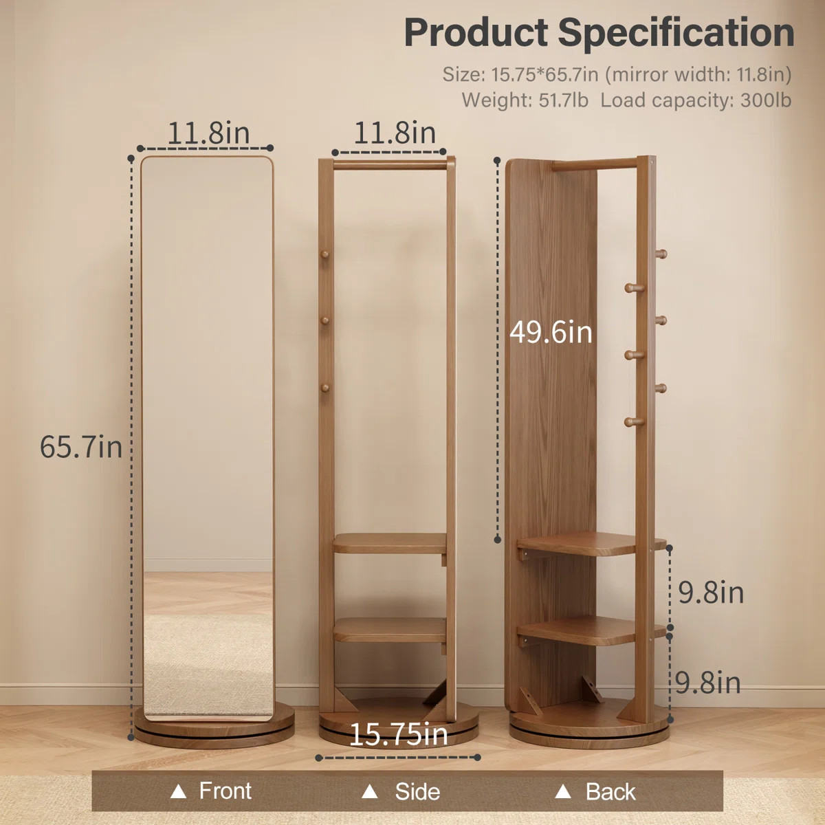 Solid Wood Frame Full Length Mirror | Multifunctional Entryway Organizer with Clothing Rack & Hoo... | Wayfair North America