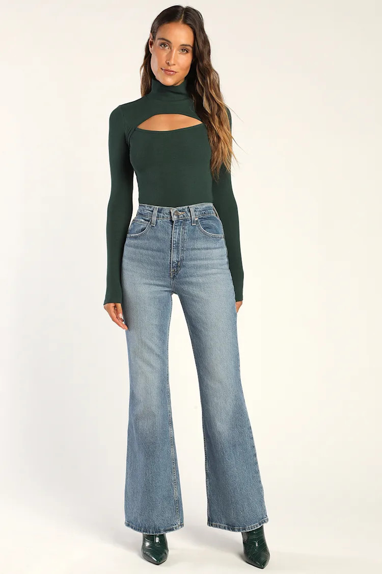 Flirty Little Secret Forest Green Ribbed Mock Neck Cutout Top | Lulus (US)