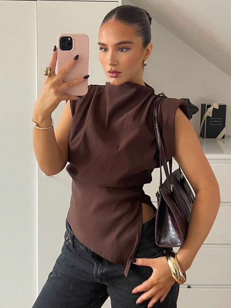 Women Elegant Solid Shoulder Pads Sleeveless Tank Top Office Lady Casual Ruched Asymmetric Zipper... | SHEIN