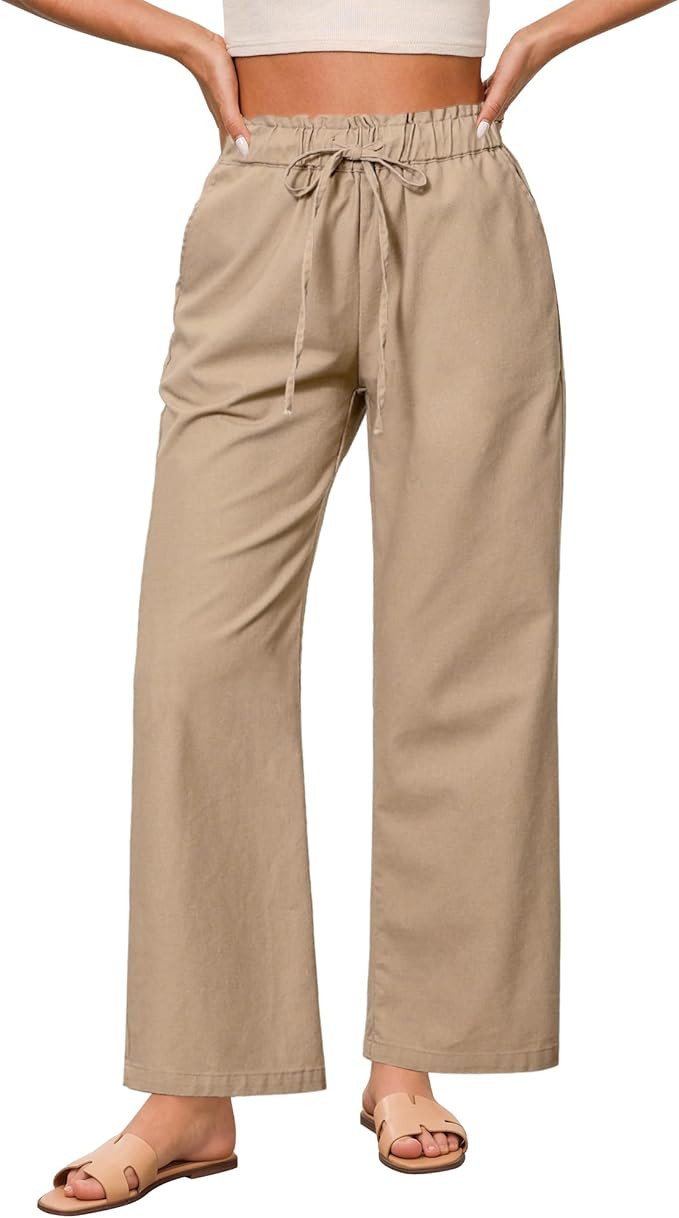 GRAPENT Linen Pants Women Wide Leg High Waisted Flowy Summer Beach Elastic Waist Pull On Baggy Pa... | Amazon (US)