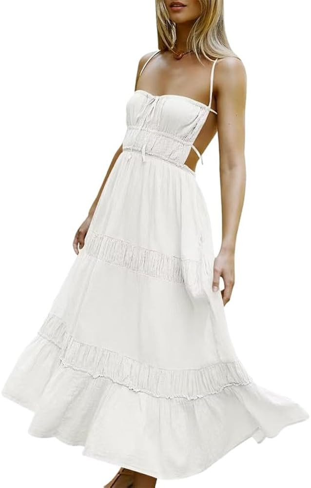 Women Y2K Spaghetti Strap Long Dress Ruffle Flowy Cami Dress Low Cut Backless Tiered Maxi Dress B... | Amazon (US)