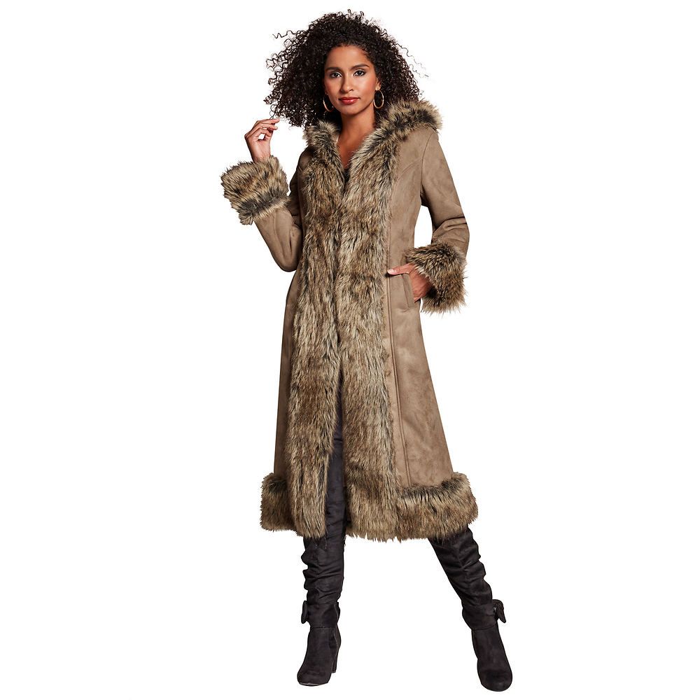 Fur-Trimmed Faux Suede Coat Tan Coats L | Shoemall.com