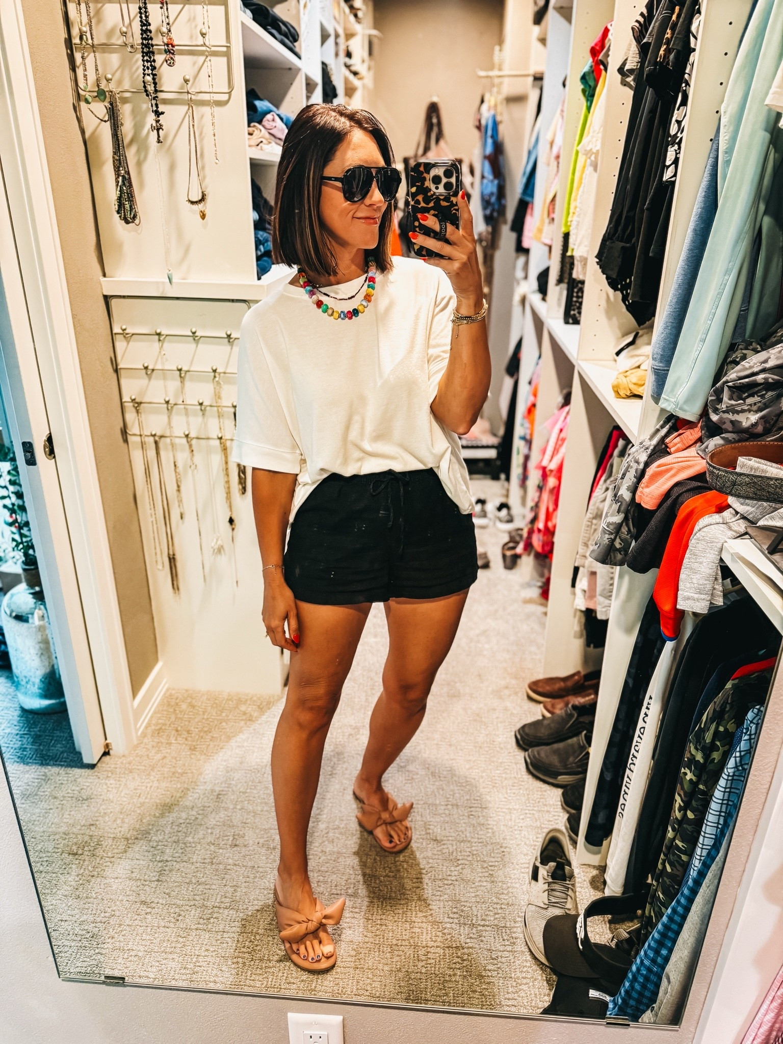 Casual summer outfit 🤍☀️💦💕 loving this oversized white tee — wearing size small 
*black linen shorts are old from gap- I’ll link similar 
-*trendy beaded necklace is Amazon

#LTKootd #LTKOver40