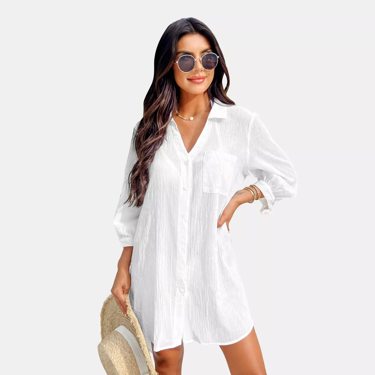 Women's Seersucker Cover-Up Dress with Tie Cuff - Cupshe-M-White | Target