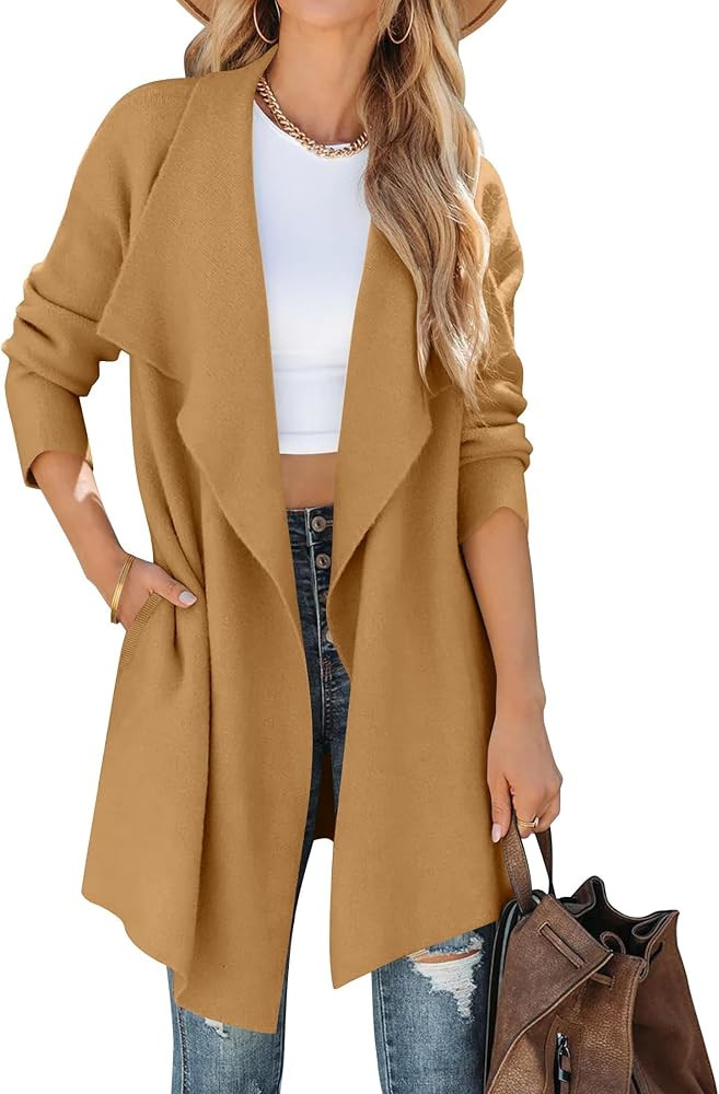 ZESICA Women's 2024 Casual Lapel Cardigan Long Sleeve Open Front Irregular Hem Soft Knitted Sweat... | Amazon (US)