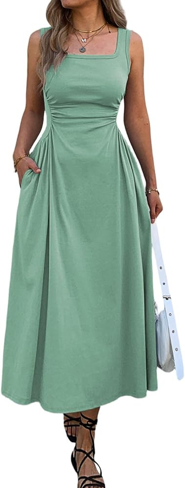 Mieazom Women's Square Neck Sleeveless Slim-Fit Maxi Dress Ruched Waist Corset Flowy Casual Summe... | Amazon (US)