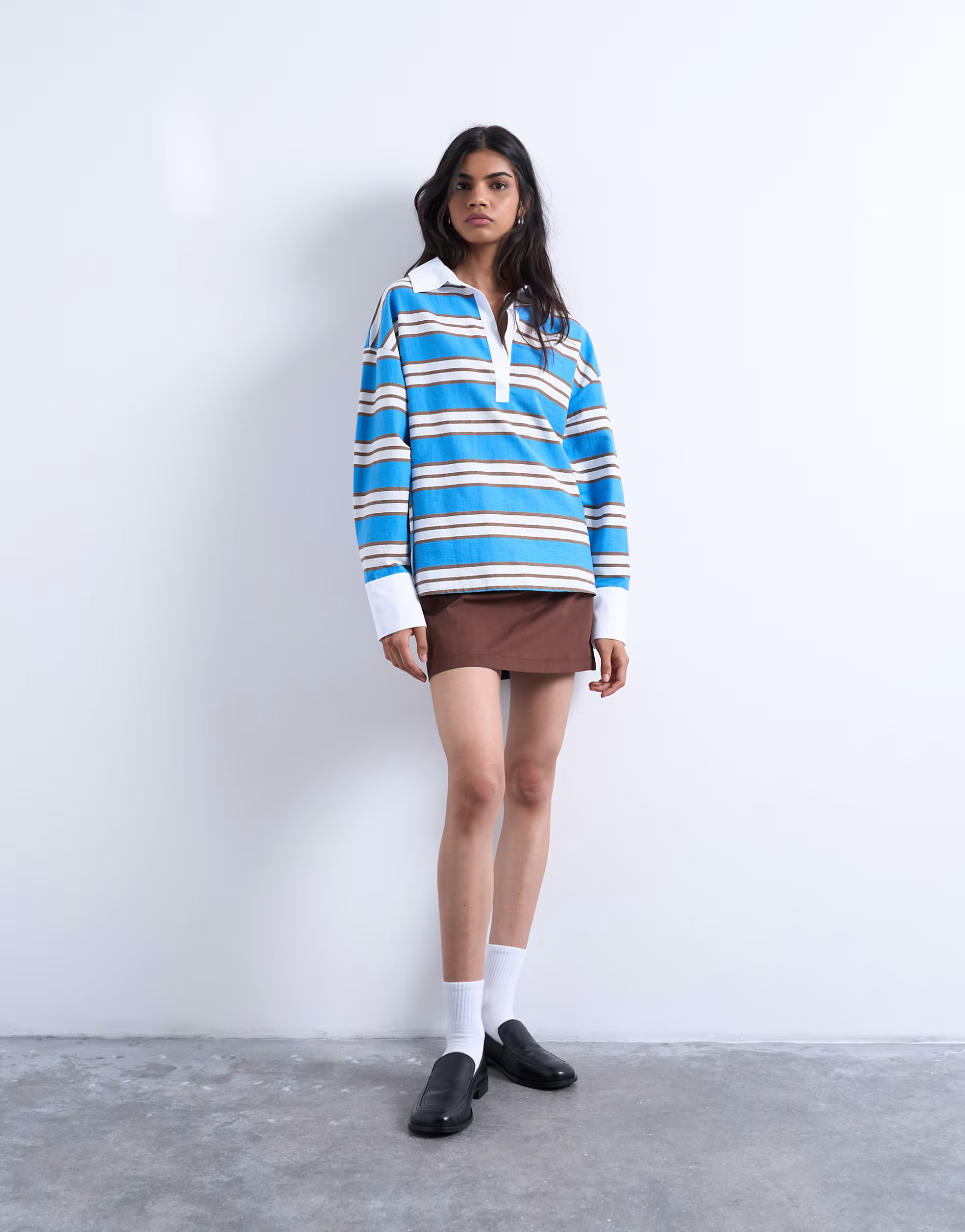 Topshop long sleeve woven polo top in blue stripe | ASOS (Global)