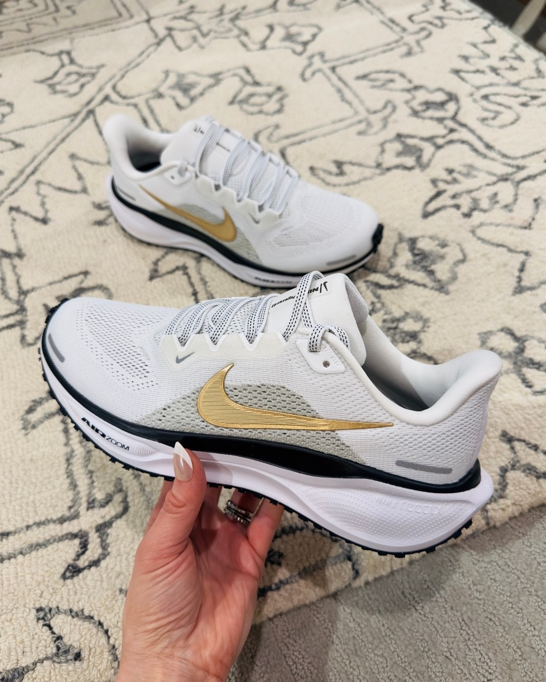 *See ⬇️ for Custom order details! Nike Pegasus 41 By You:
*scroll all the way to the right to find the “design your own” button and enter these details:
Upper- traditional white
Swoosh- metallic gold 
Laces- traditional white
Lining - white
Midsole- white
Midsole accent- solid black
Tongue label- traditional 
Outsole- traditional black


#LTKootd #LTKfitnessgoals #LTKActive