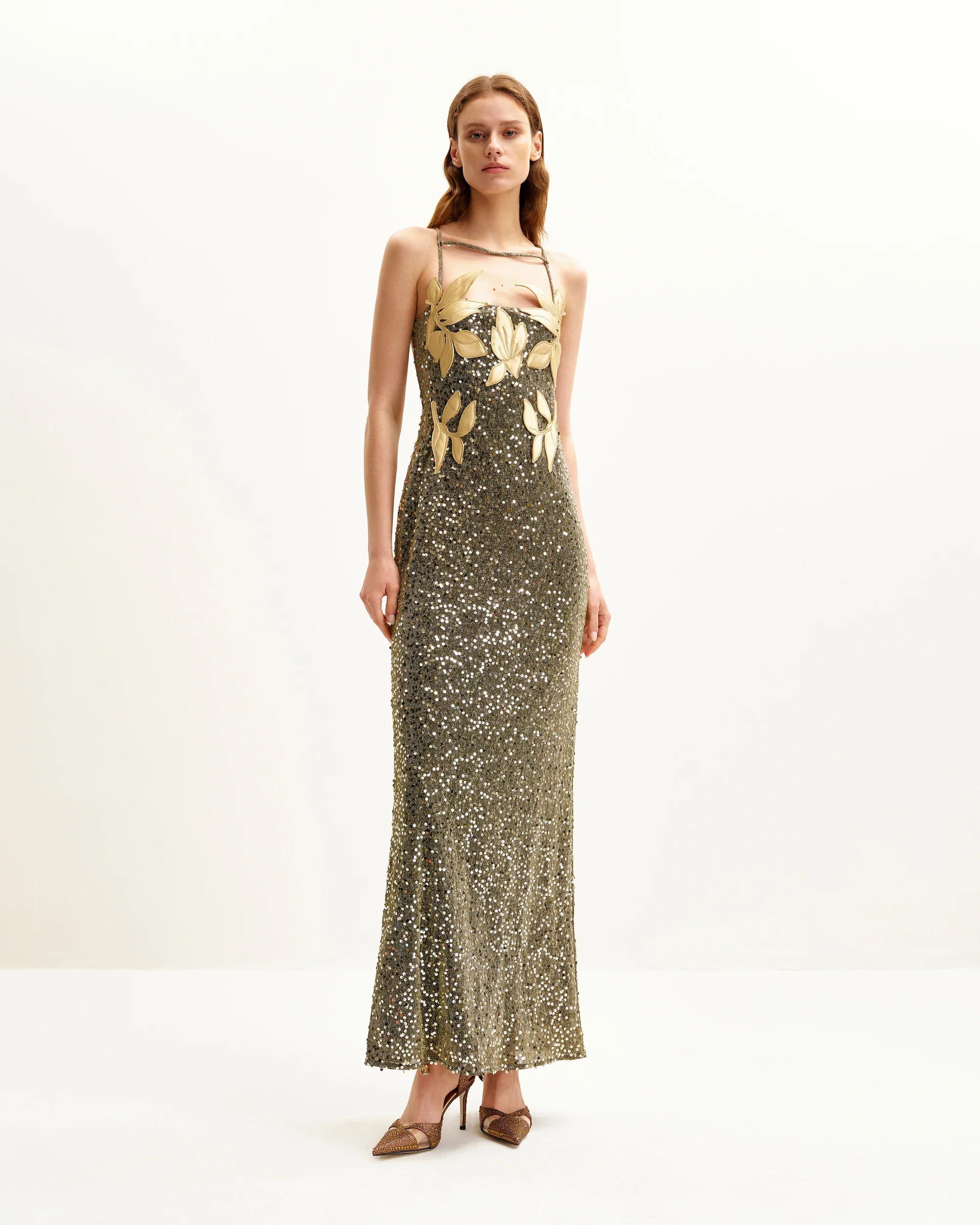 Araminta Sequined Gown with Floral Details - Gold | JW PEI US