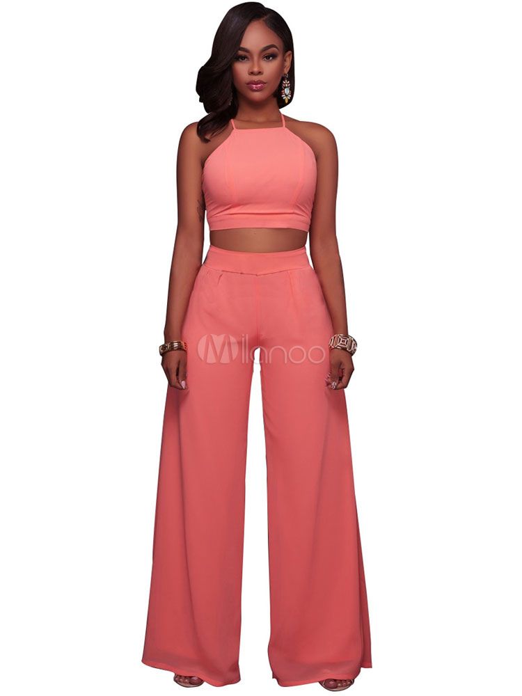 Pink Pants Set Women's Straps Sleeveless Crop Top With Long Pants | Milanoo