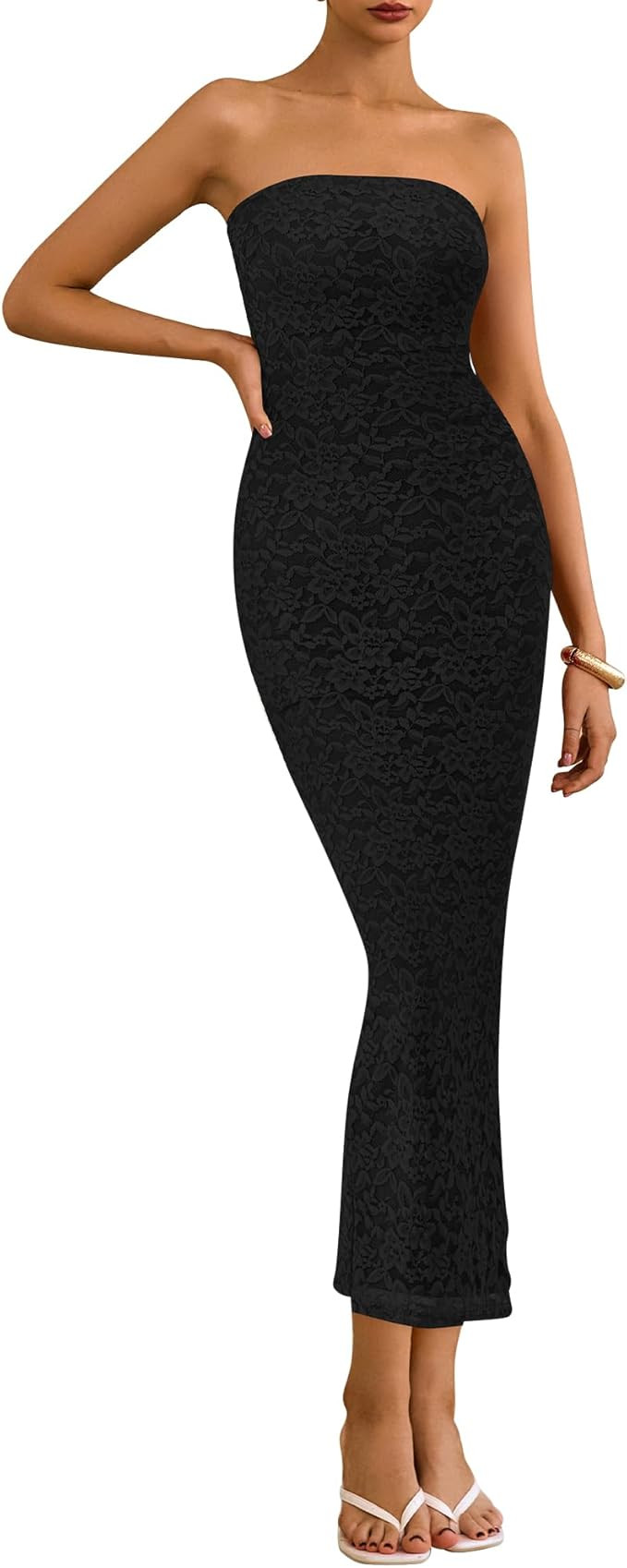 BTFBM Women Strapless Lace Formal Maxi Dress Summer Bodycon Tube Back Slit Cocktail Vacation Beac... | Amazon (US)