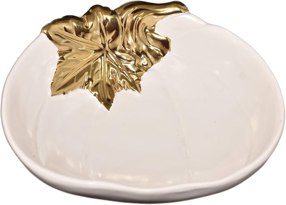 Cuenco decorativo de calabaza blanca de otoño de 6 pulgadas con hojas doradas, cuenco para servi... | Amazon (US)