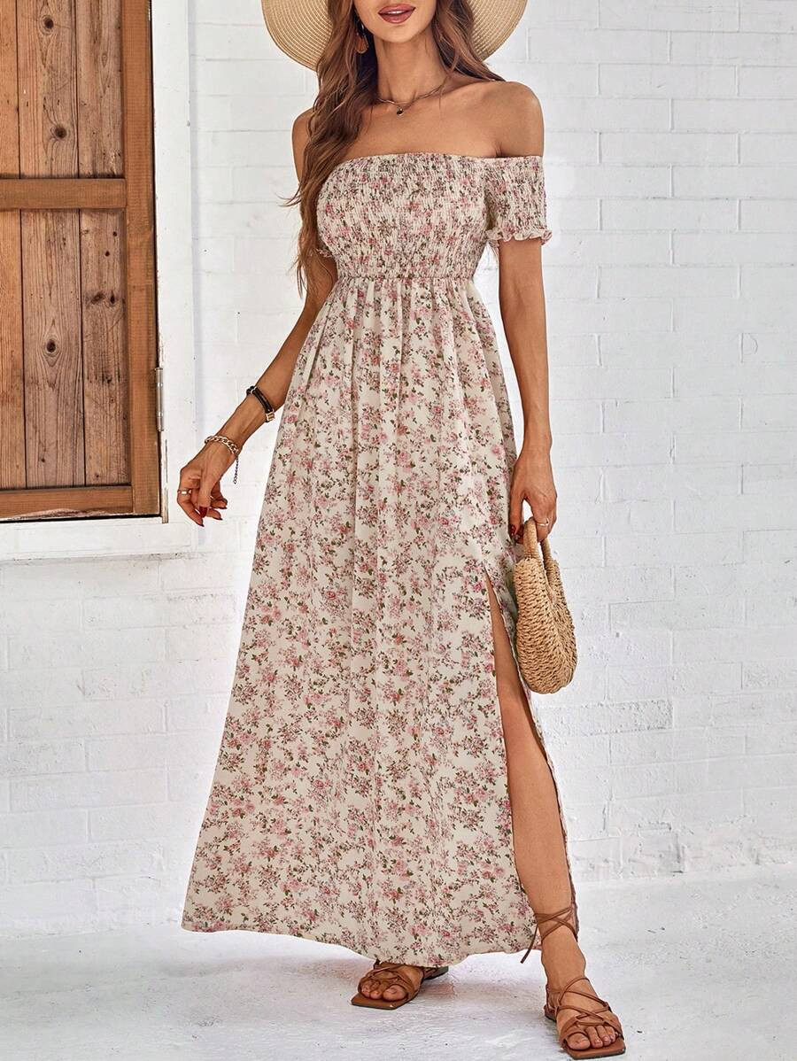 Breezaya Short Sleeve Off-Shoulder Ditsy Floral Slit Summer Dress Maxi Vacation Beach Outfits Wom... | SHEIN