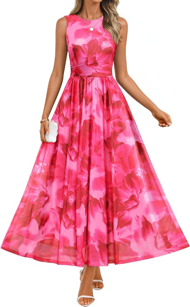 ZESICA Women's Summer Sleeveless Floral Maxi Dress 2026 Casual Crewneck Mesh A Line Flowy Boho Be... | Amazon (US)