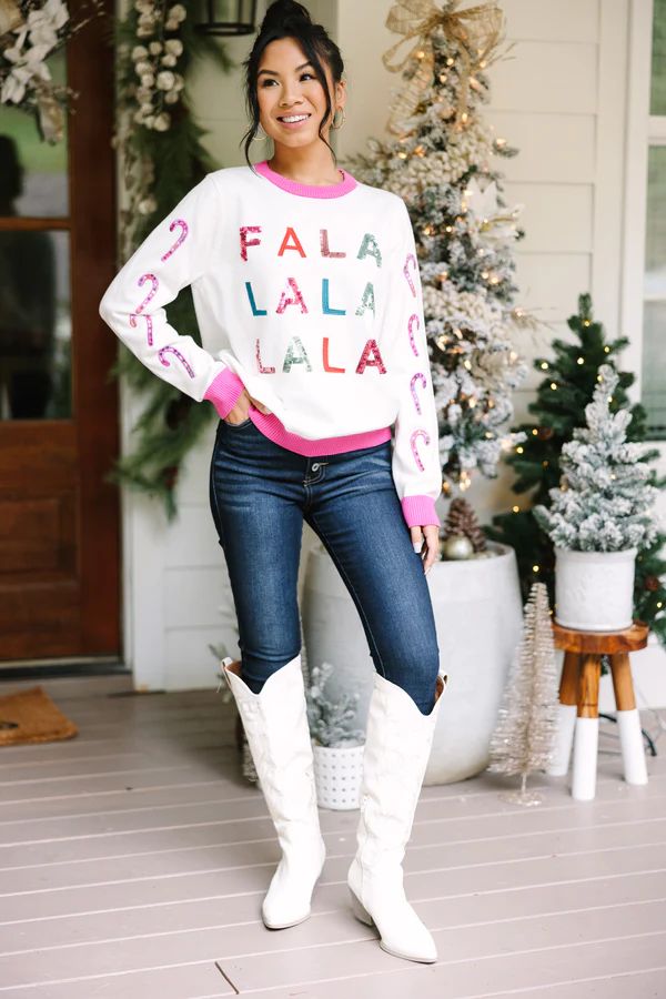 Falalalalala White Candy Cane Sleeve Sweater | The Mint Julep Boutique