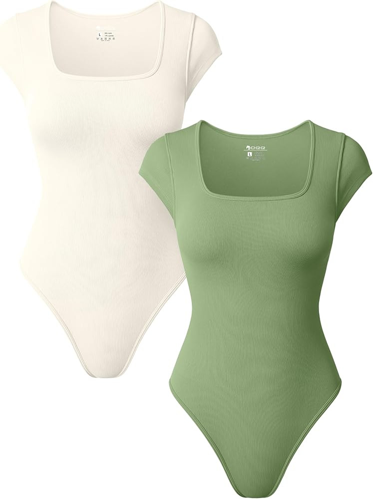 OQQ Women 2 Piece Bodysuits Square Neck Short Stretch Basic Sexy Shirts Bodysuits | Amazon (US)