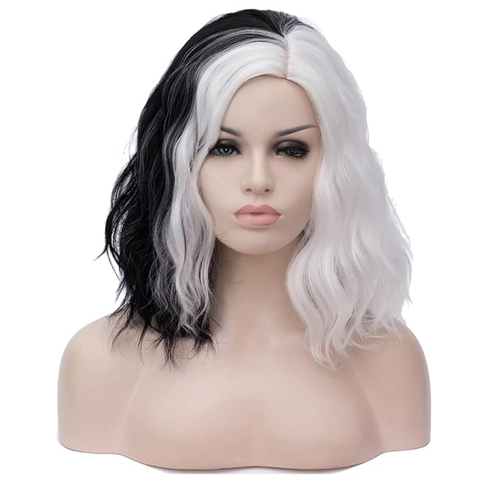 PATTNIUM Black White Wig Short Wavy Wig Black and White Wig Women Girls Split Wig Two Color Wig S... | Amazon (US)