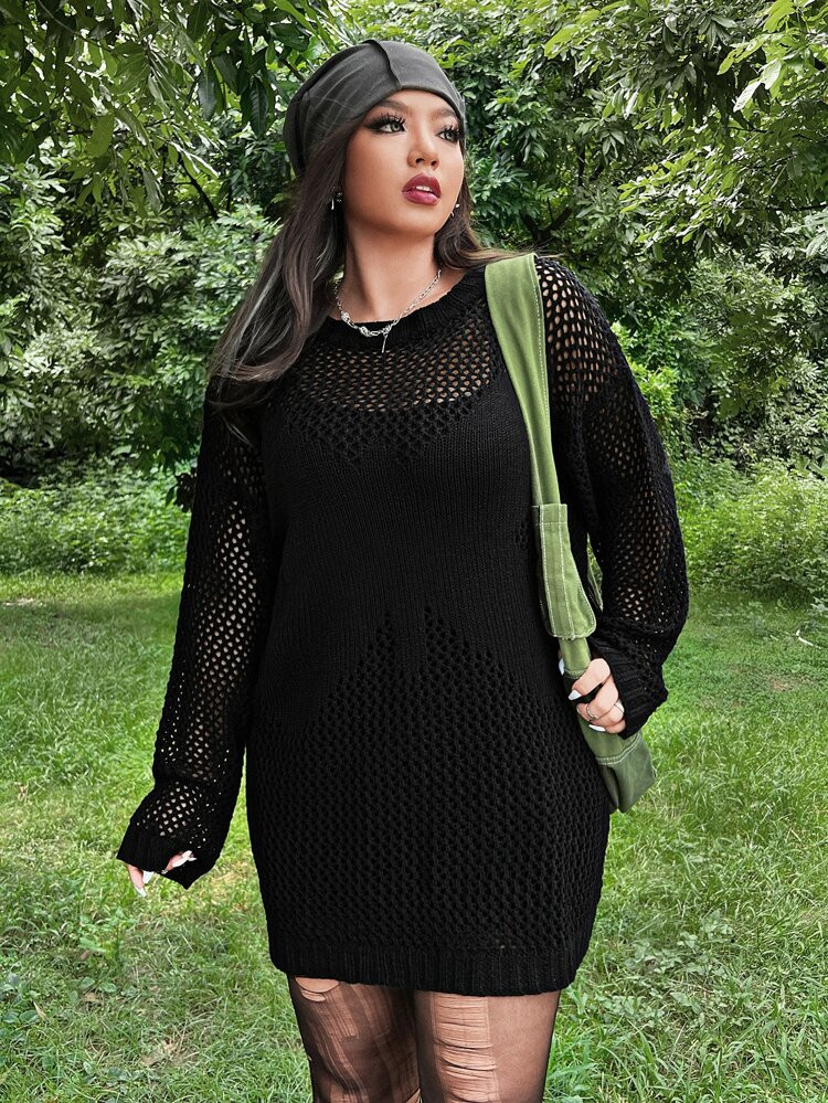 SHEIN Plus Butterfly Pattern Drop Shoulder Pointelle Knit Sweater | SHEIN