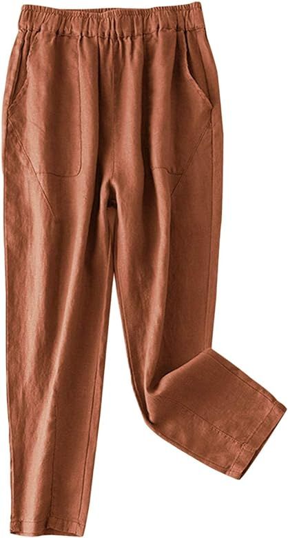 IXIMO Women's Tapered Pants 100% Linen Drawstring Back Elastic Waist Ankle Length Pants | Amazon (US)