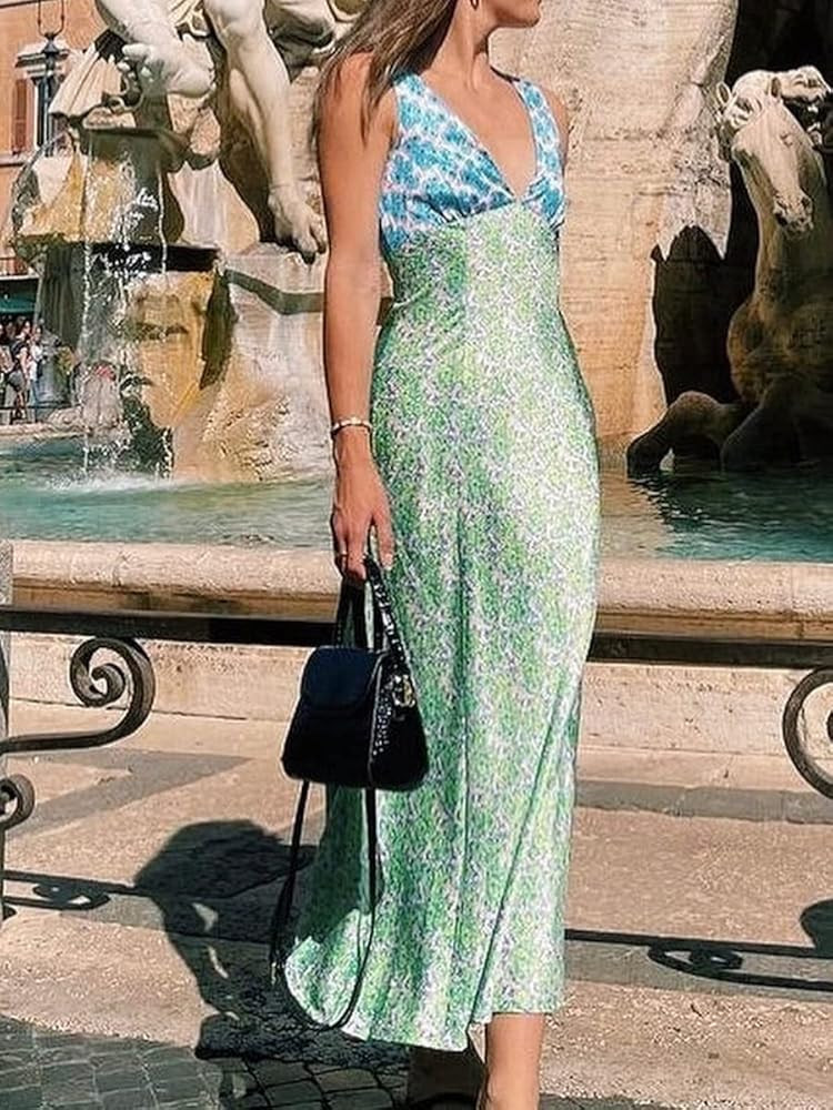 Seyurigaoka Women Y2K Floral Print Spaghetti Strap Maxi Dress Low Cut Bodycon Cami Long Dress V N... | Amazon (US)