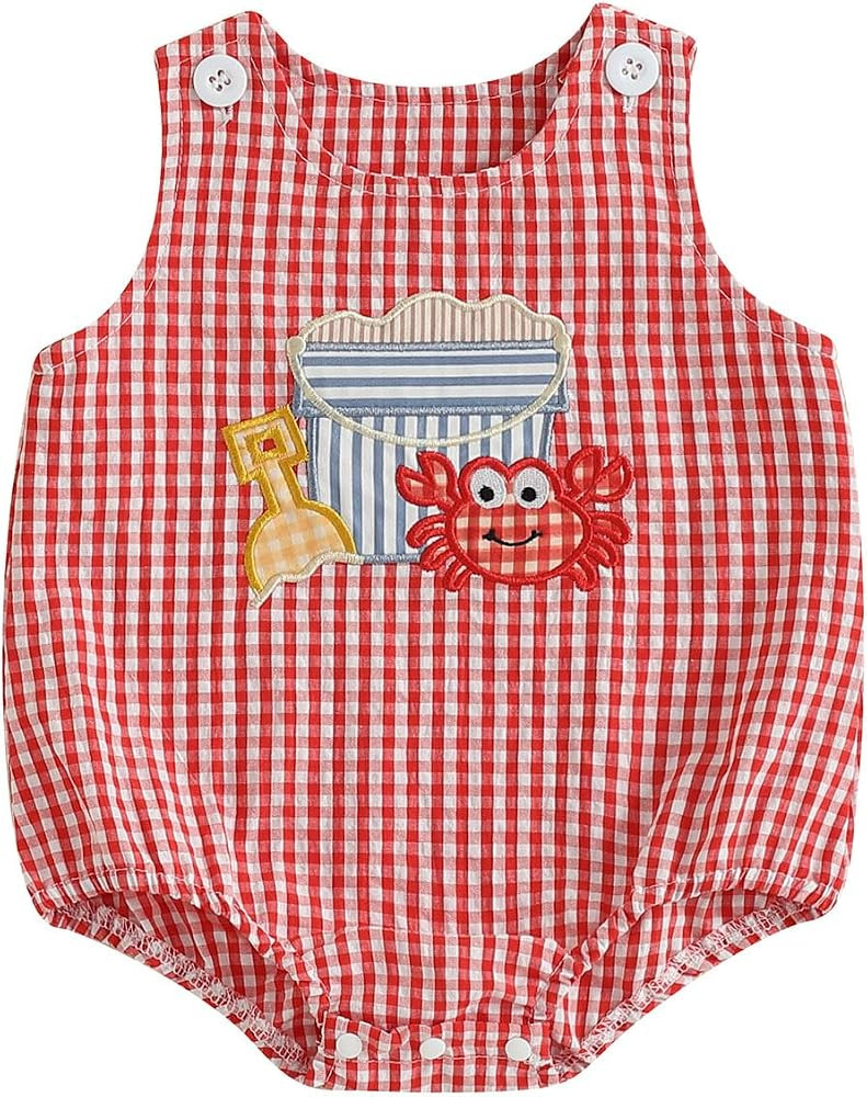Baby Boy Fishing Outfit Shark/Crab Embroidery Sleeveless Bubble Tank Top Newborn Bodysuit Infant ... | Amazon (US)