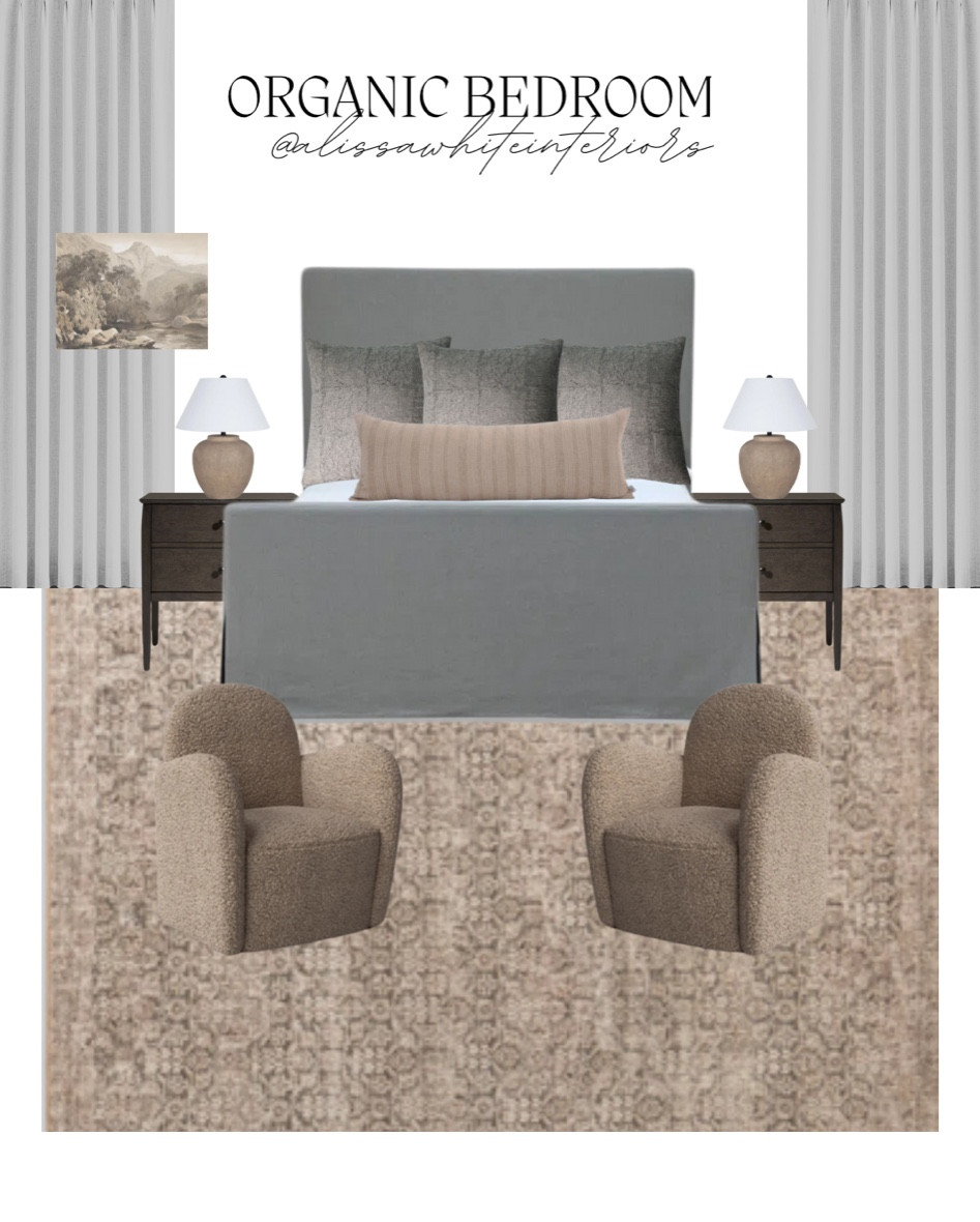 Organic bedroom design. 

Bed. Nightstands. Chairs. Boucle. Art. Lamp. Throw pillows. Vintage. Curtains. 

#LTKfindsunder100 #LTKhome #LTKsalealert