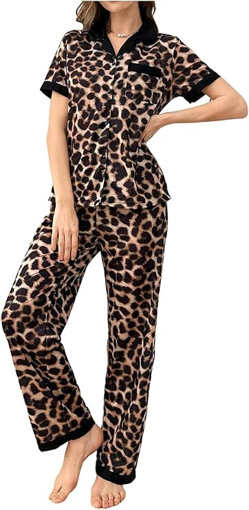 WDIRARA Women's Leopard Print Pajama Set 2 Piece Short Sleeve Button Down Shirt Pants Pjs Sleepwe... | Amazon (US)