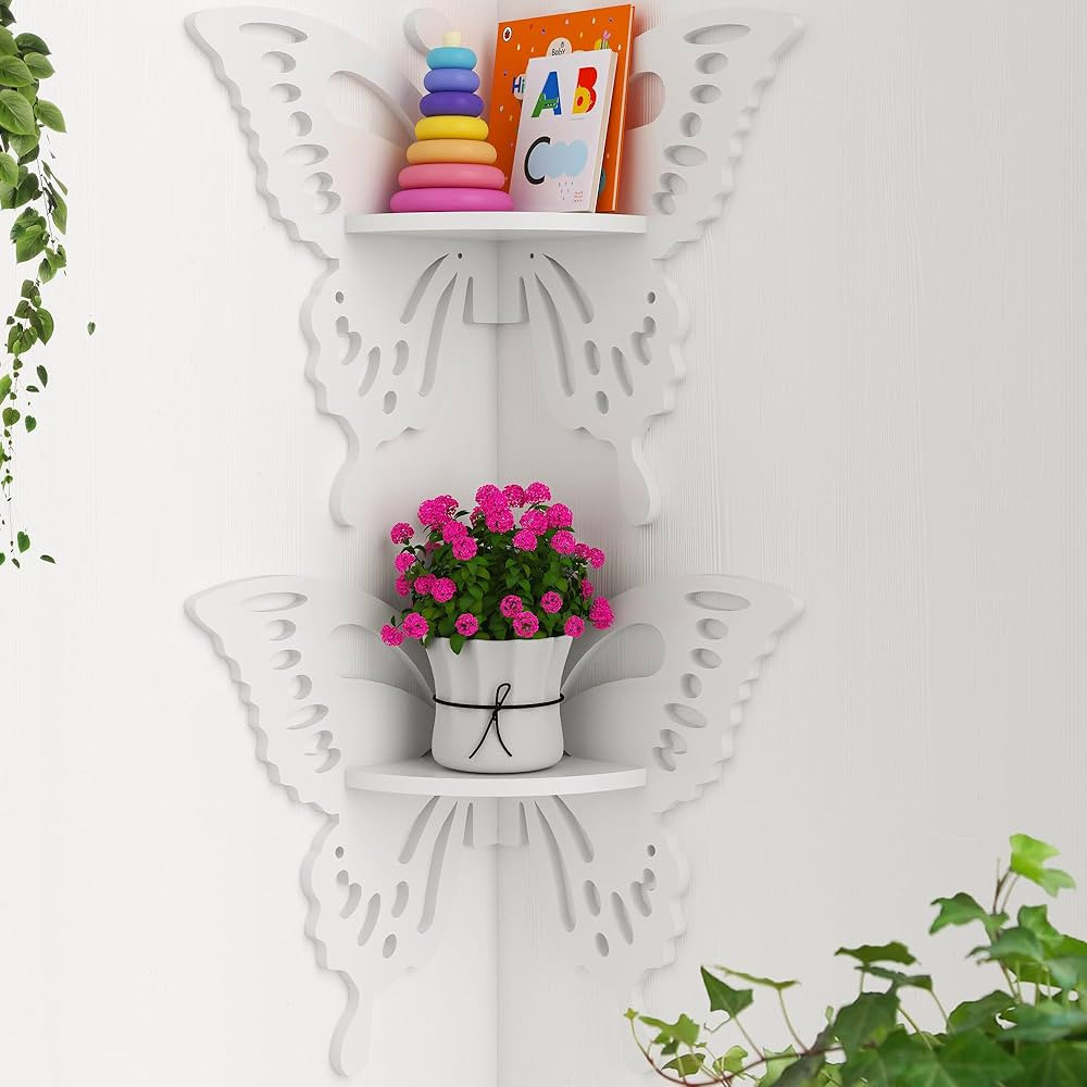 2-Tier Butterfly Corner Shelf - Nursery Wall Deor Floating Corner Shelf for Kid’s Room, Small C... | Amazon (US)