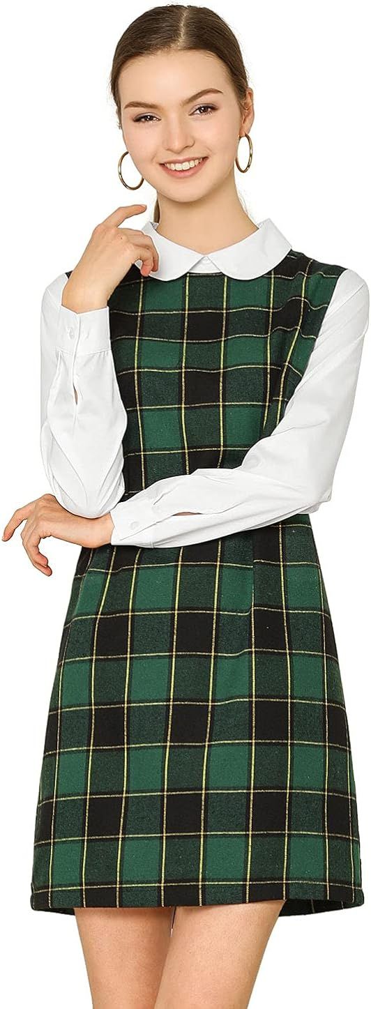 Allegra K Women's Christmas Contrast Peter Pan Collar Long Sleeve Shift Plaid Dress | Amazon (US)