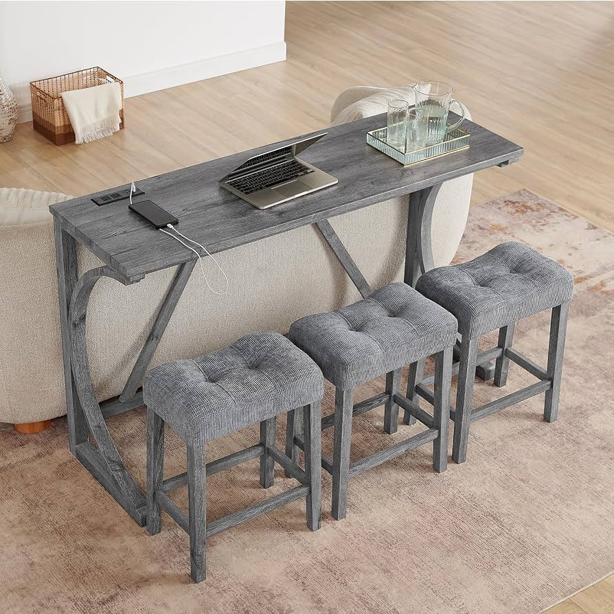 59" Dining Bar Table Set with Power Outlet, Behind Couch Sofa Table with 3 Padded Stools, 4 Piece... | Amazon (US)