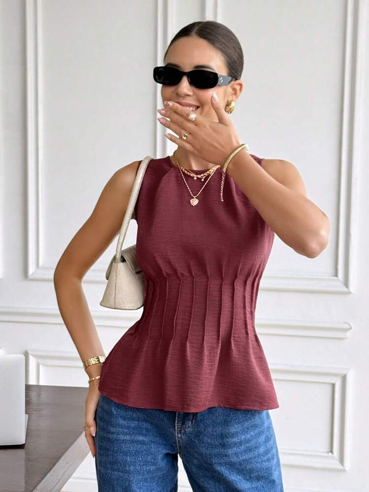 Serisse Women's Solid Color Round Neck Waist Cinched Sleeveless Blouse,Summer,Valentine's Day,Carnival,Party ,Wedding ,Birthday, Elegant ,Vacation,Casual, Red Holiday Resort | SHEIN