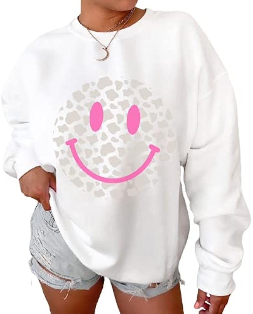 RosabellaStore Smiley Face Sweatshirt, Cow Print Shirt, Retro Smiley Face Shirt, Happy Face Prepp... | Amazon (US)
