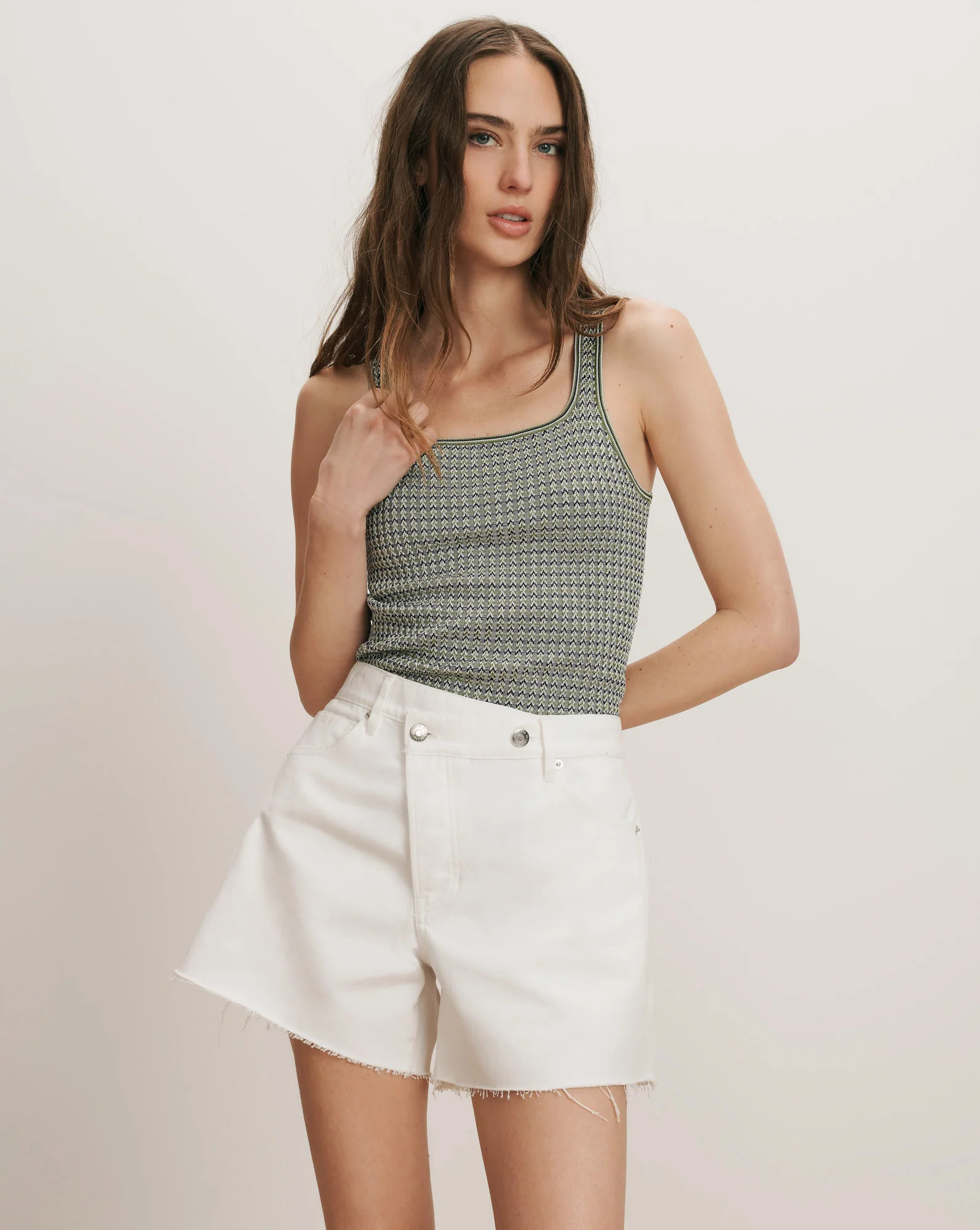 Ellis Crossover-Waistband Denim Short in White | Veronica Beard | Veronica Beard