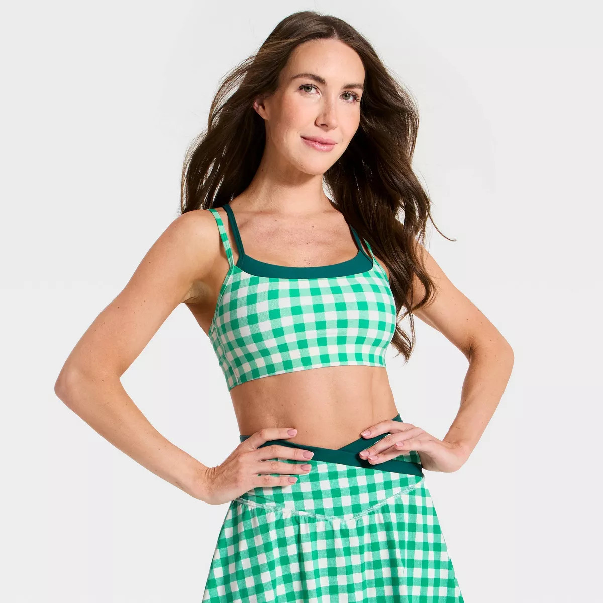 Women's Everyday Soft Light Support Layered Sports Bra - All In Motion™ Green Gingham XS | Target